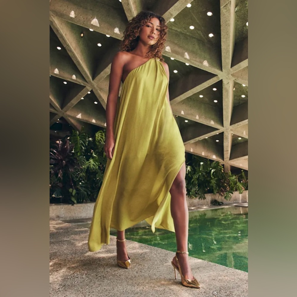 Chartreuse Satin One-Shoulder Maxi Dress